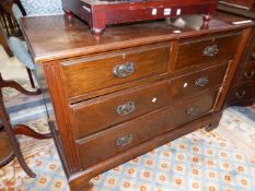 A LATE VICTORIAN MAHOGANY CHEST OF TWO SHORT AND TWO LONG DRAWERS ON BRACKET FEET. W 114 x D 51 x H