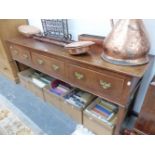 A GEORGIAN AND LATER FRUITWOOD THREE DRAWER DRESSER BASE ON SQUARE SECTIONED LEGS. W 182 x D 46 x h