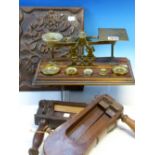 A SET OF MORDAN LETTER SCALES WITH WEIGHTS, TWO WOODEN RATTLES AND AN OAK LETTER FOLDER CARVED