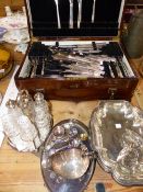 A CASED SILVER PLATE CUTLERY SET, AND OTHER VARIOUS SILVER PLATED WARES.