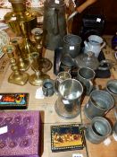 VARIOUS PEWTER WARES, BRASS CANDLESTICKS, A LANTERN ETC.