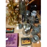 VARIOUS PEWTER WARES, BRASS CANDLESTICKS, A LANTERN ETC.