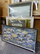 AN INTERESTING MODERNIST FRAMED CERAMIC PANEL OF FISH. 38 x 80cms. TOGETHER WITH OTHER 20th.C.