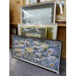 AN INTERESTING MODERNIST FRAMED CERAMIC PANEL OF FISH. 38 x 80cms. TOGETHER WITH OTHER 20th.C.