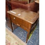 A 20th C. OAK WORK TABLE WITH A TRAY AND A CHINOISERIE TIN BOX INSIDE THE COMPARTMENT ABOVE A DRAWER