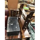 AN OAK OPEN WALL SHELF, A MINIATURE CHEST OF DRAWERS, A COPPER HORN AND A DEED BOX