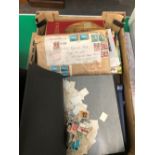 A BOX OF VARIOUS STAMP ALBUMS AND LOOSE STAMPS.
