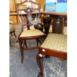 AN EDWARDIAN MARQUETRIED MAHOGANY SIDE CHAIR AND A MAHOGANY STOOL WITH CABRIOLE LEGS ON BALL AND