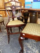 AN EDWARDIAN MARQUETRIED MAHOGANY SIDE CHAIR AND A MAHOGANY STOOL WITH CABRIOLE LEGS ON BALL AND