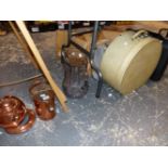 ANTIQUE COPPER WATER CAN, A LARGE GLASS EWER, HAT BOX, A CARLTON HARD BRIEF CASE AND AN ALLOY CASE.