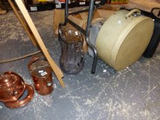 ANTIQUE COPPER WATER CAN, A LARGE GLASS EWER, HAT BOX, A CARLTON HARD BRIEF CASE AND AN ALLOY CASE.
