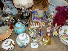 A DOULTON FIGURINE TABLE LAMP, A DISNEY TOAST RACK, GINGER JARS, GLASS FORM MUSHROOM PAPERWEIGHT,