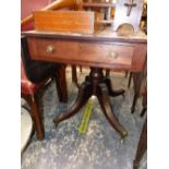 A 19th C. MAHOGANY PEMBROKE TABLE, THE FLAP TOP SUPPORTED ON A TURNED COLUMN AND FOUR REEDED LEGS ON