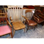 THREE VARIOUS ELBOW CHAIRS TOGETHER WITH AN OAK ROTATING DESK CHAIR