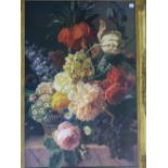 A FRENCH EMPIRE STYLE GILT FRAMED COLOURED PRINT OF A STILL LIFE
