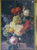 A FRENCH EMPIRE STYLE GILT FRAMED COLOURED PRINT OF A STILL LIFE