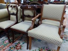 THREE PAIRS OF CHAIRS, MAHOGANY BALLOON BACKS, VICTORIAN CHAIRS WITH FOLIATE CARVED BACKS AND A PAIR