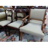 THREE PAIRS OF CHAIRS, MAHOGANY BALLOON BACKS, VICTORIAN CHAIRS WITH FOLIATE CARVED BACKS AND A PAIR