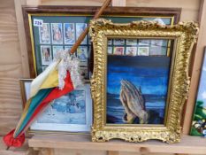 A FRAMED GROUP OF CIGARETTE CARDS. TOGETHER WITH A SWEPT GILT FRAME, A PARASOL ETC