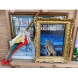 A FRAMED GROUP OF CIGARETTE CARDS. TOGETHER WITH A SWEPT GILT FRAME, A PARASOL ETC