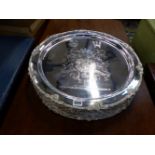 TEN SILVER PLATED ARMORIAL DECORATED PLATTERS.