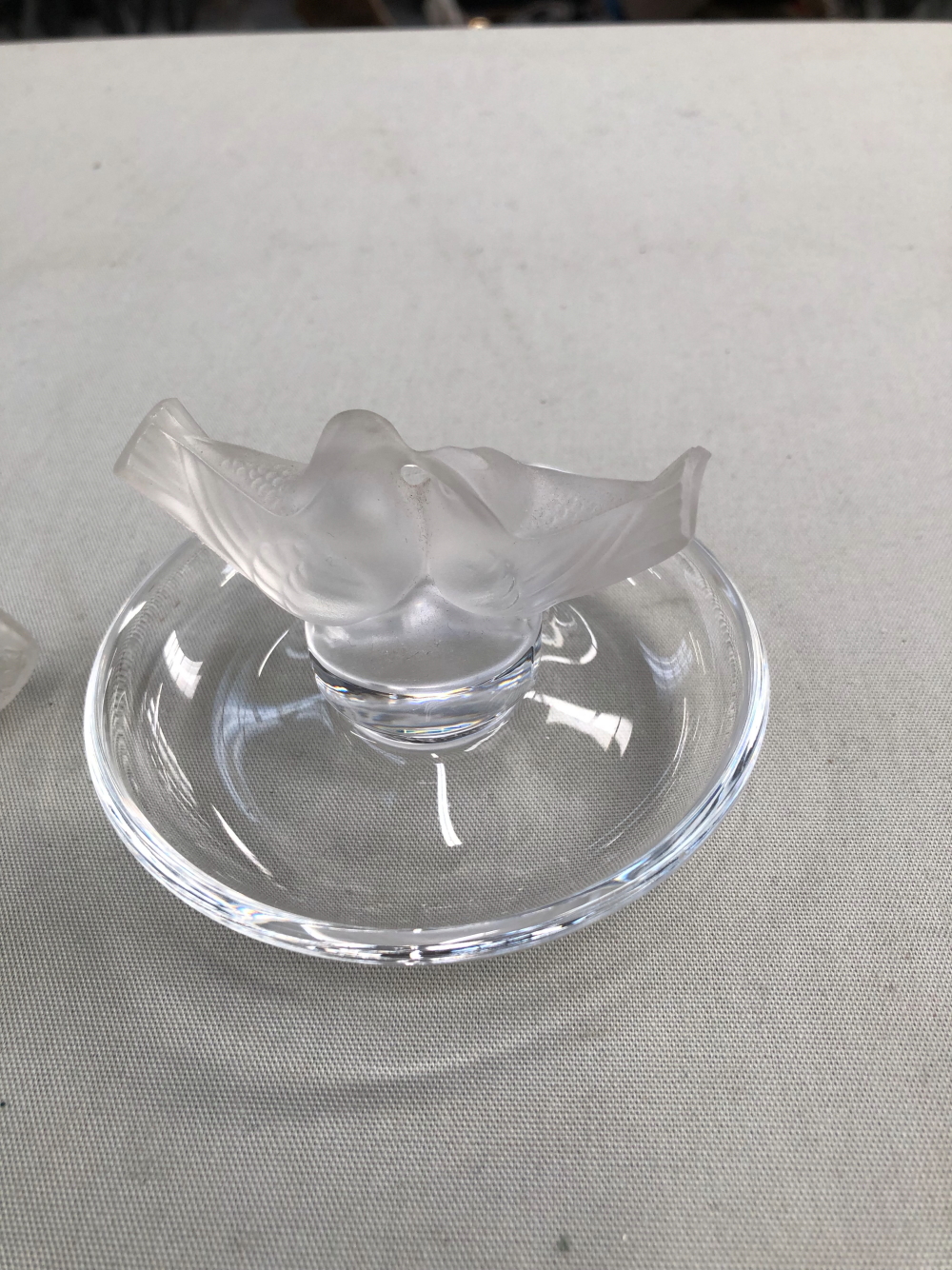 A LALIQUE LOVE BIRDS RING TRAY, A SIMILAR PAPERWEIGHT , AND THREE UNSIGNED MINIATURE LALIQUE PERFUME - Image 2 of 3