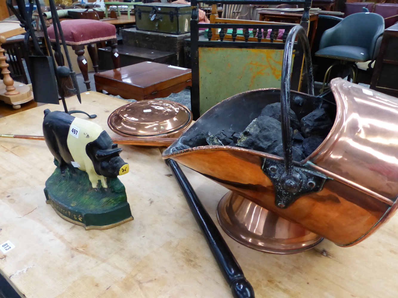 A PIG DOORSTOP, VICTORIAN COAL SCUTTLE, COMPANION SET ETC.