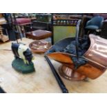 A PIG DOORSTOP, VICTORIAN COAL SCUTTLE, COMPANION SET ETC.