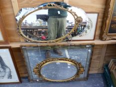 GROUP OF FIVE VINTAGE AND LATER DECORATIVE MIRRORS. TOGETHER WITH A FLORAL SILKWORK PANEL,SIZES VARY