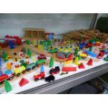 A QUANTITY OF BRIO TYPE WOODEN RAILWAY AND ACCESSORIES.