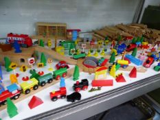 A QUANTITY OF BRIO TYPE WOODEN RAILWAY AND ACCESSORIES.
