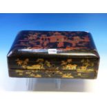 A LATE 19th C. CHINESE BLACK LACQUER BOX GILT WITH FIGURES AND PAVILIONS, THE ROUNDED RECTANGULAR