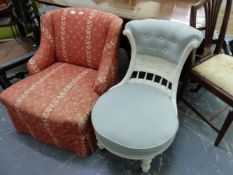 A VICTORIAN TERRACOTTA UPHOLSTERED NURSING CHAIR TOGETHER WITH A WHITE PAINTED NURSING CHAIR WITH T