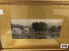 G. SHEFFIELD (1839- 1892) ABBEY RUINS, SIGNED, WATERCOLOUR. 9 x 18cms