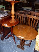 AN OAK DROP FLAP COFFEE TABLE, A MAHOGANY TRIPOD TABLE WITH SHAPED OVAL TOP AND A YEW WOOD