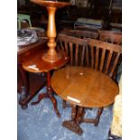 AN OAK DROP FLAP COFFEE TABLE, A MAHOGANY TRIPOD TABLE WITH SHAPED OVAL TOP AND A YEW WOOD
