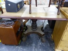 A 19th C. MAHOGANY PEMBROKE TABLE SUPPORTED ON A COLUMN ENDING IN CARVED FOLIAGE AND A PLINTH ON