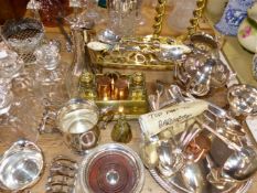 A QUANTITY OF SILVER PLATED WARES A BRASS DESK STAND, BAROMETER ETC.