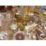 A QUANTITY OF SILVER PLATED WARES A BRASS DESK STAND, BAROMETER ETC.