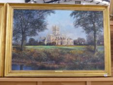 CLIVE MADGWICK (1934- ) ARR. TEWKESBURY ABBEY, SIGNED, OIL ON CANVAS. 61 x 92cms