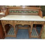A HEAL AND SON VICTORIANTILE INSET WHITE MARBLE TOPPED SATIN BIRCH THREE DRAWER WASH STAND W 133 x D