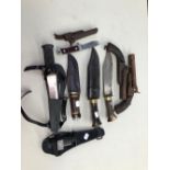 A COLLECTION OF VINTAGE AND LATER KNIVES, TWO PIN FIRE PISTOLS IN RELIC CONDITION ETC.