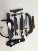 A COLLECTION OF VINTAGE AND LATER KNIVES, TWO PIN FIRE PISTOLS IN RELIC CONDITION ETC.