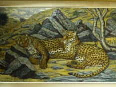 JOHN C. WARDLE (B.1907- ) ARR. TWO LEOPARDS, SIGNED, OIL ON CANVAS. 71 x 122cms