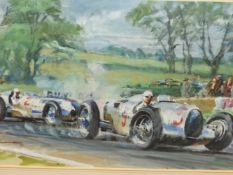 WALTER GOTSCHKE (1912-2000), ARR. A 1950S MOTOR RACE, POSSIBLY AT DONINGTON, WATERCOLOUR, SIGNED AND