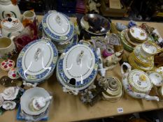 A VINTAGE HUNT PATTERN TEA POT, CREAM JUG ETC, A PARAGON PART TEA SET, STAFFORDSHIRE FIGURE ETC.