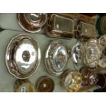 TWO PAIRS OF SILVER PLATED TUREENS, A SWING HANDLED BASKET, TEA CADDY, COASTER, ETC.