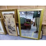 A COLLECTION OF FURNISHING PICTURES INCLUDING A BEVEL EDGE GILT FRAME MIRROR, AN ORIENTAL
