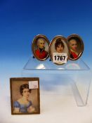 AN EARLY VICTORIAN PORTRAIT MINIATURE OF A LADY WEARING A BLUE DRESS. 9 x 7cms. TOGETHER WITH