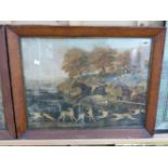 A SET OF FOUR ANTIQUE MAPLE FRAMED HUNT PRINTS. 42 x 55cms. TOGETHER WITH OTHER ANTIQUE PRINTS